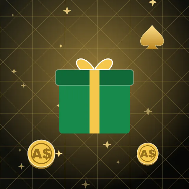 Bonuses for Spade69 pokies players Gift box with a gold bow, a gold spade and A$ coins